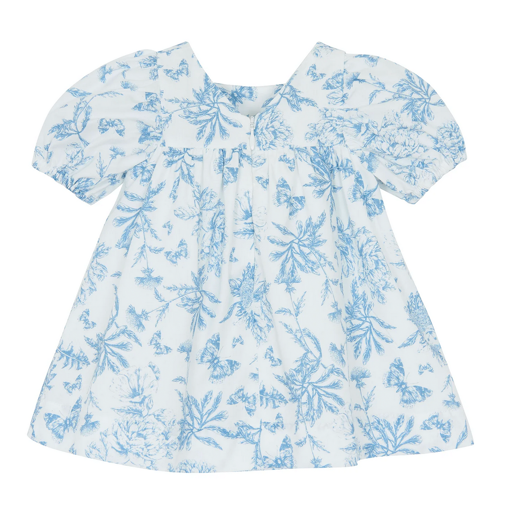 The Tartine et Chocolat Blue Printed Toile Dress by Tartine et Chocolat features a light blue and white floral-patterned toile de Jouy design with short sleeves and a square neckline, making it perfect for special occasions.