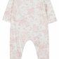 The Tartine et Chocolat Pale Pink Toile Pyjama by Tartine et Chocolat is a white baby onesie with long sleeves, featuring a pale pink botanical print and crafted from soft, comfortable fabric.