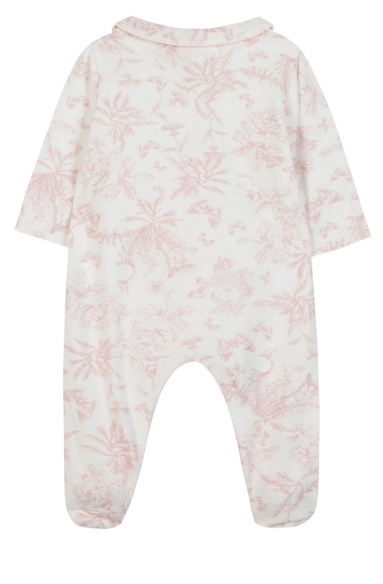 The Tartine et Chocolat Pale Pink Toile Pyjama by Tartine et Chocolat is a white baby onesie with long sleeves, featuring a pale pink botanical print and crafted from soft, comfortable fabric.