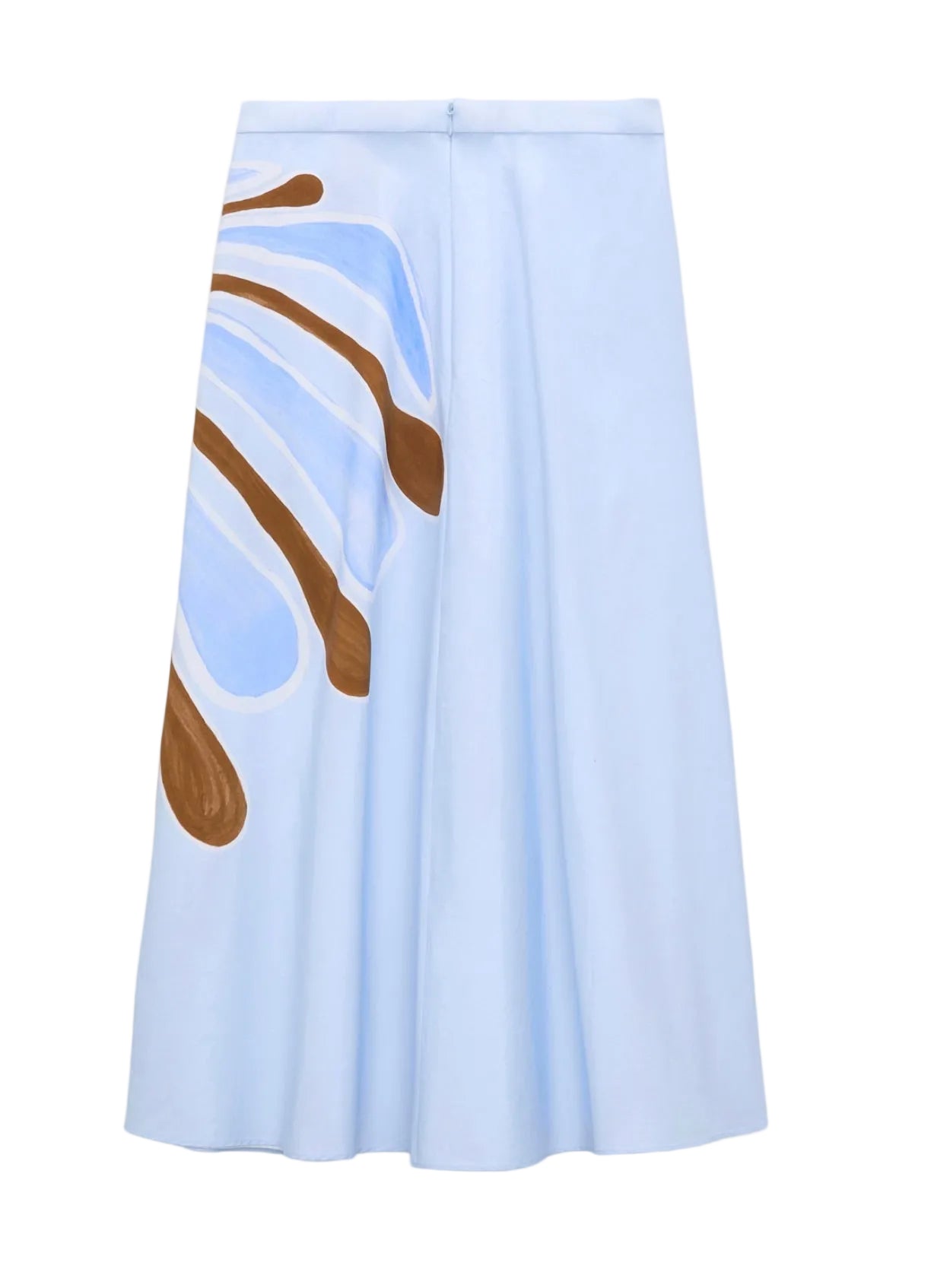 The Floral Power Skirt by Dorothee Schumacher is a light blue cotton poplin midi-skirt with a fitted waist and an abstract signature print in brown and blue on one side.