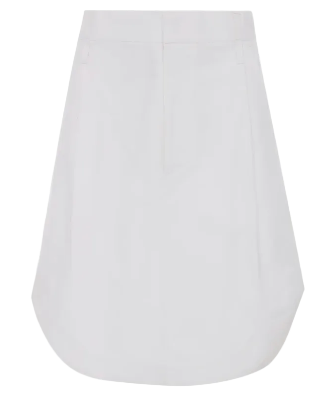 Victoria Beckham Cargo Skirt in optic white, featuring a mid-rise A-line silhouette, curved hem, and two side pockets, displayed on a plain white background.
