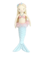Mon Ami Mimi Mermaid Large is a stuffed embroidered mermaid doll featuring blonde hair, a pink top, pink tulle skirt, blue tail, and blue starfish hair accessories—perfect as nursery decor or a charming addition to any mermaid soft doll collection. Displayed on a white background.