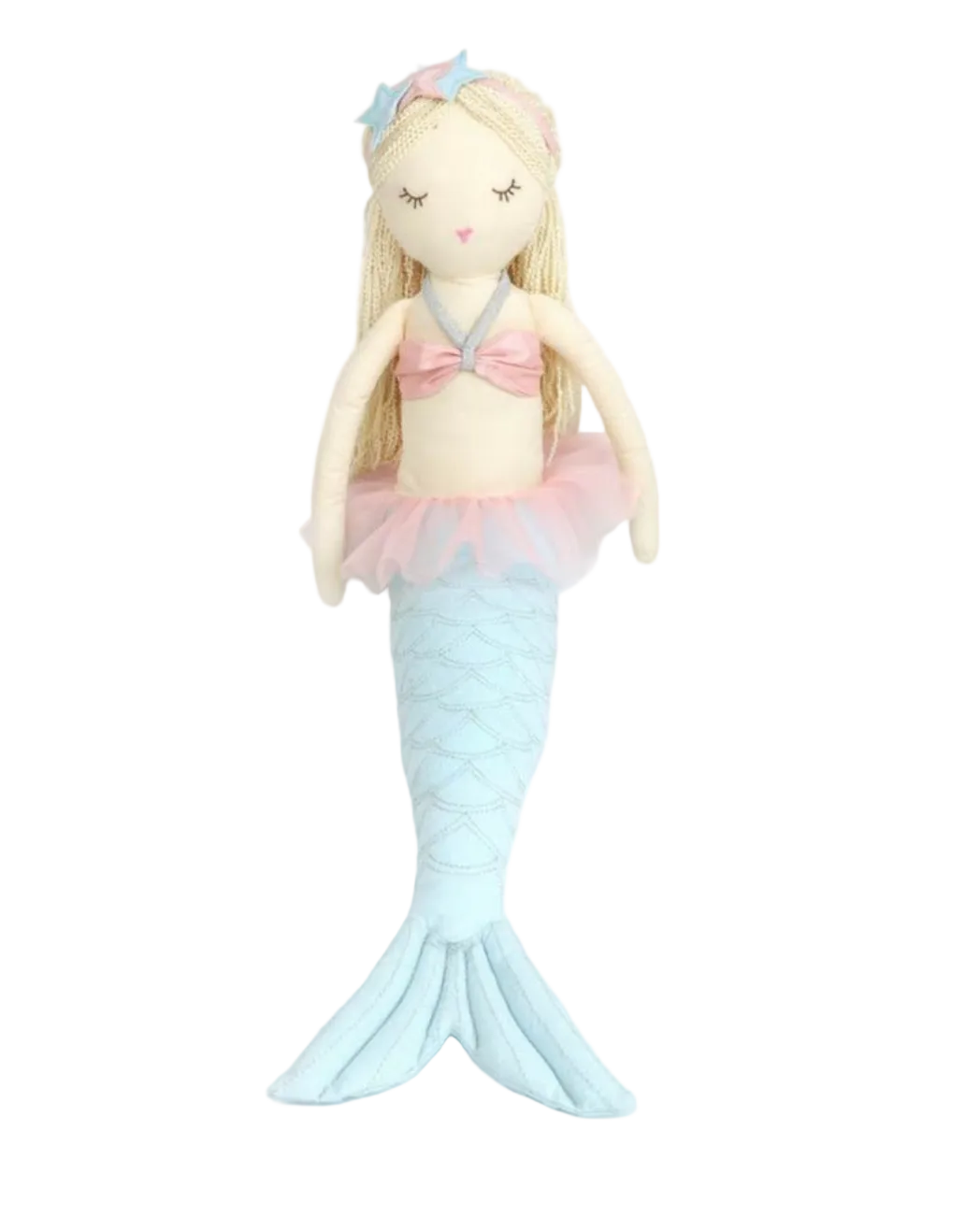 Mon Ami Mimi Mermaid Large is a stuffed embroidered mermaid doll featuring blonde hair, a pink top, pink tulle skirt, blue tail, and blue starfish hair accessories—perfect as nursery decor or a charming addition to any mermaid soft doll collection. Displayed on a white background.