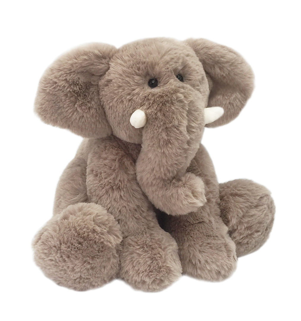 Oliver Elephant by Mon Ami, featuring soft light brown fur, white tusks, and adorable black eyes, sits on a white background—making it the perfect cuddle buddy.
