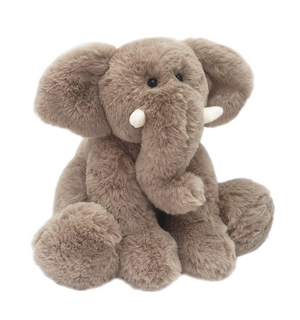 Oliver Elephant by Mon Ami, featuring soft light brown fur, white tusks, and adorable black eyes, sits on a white background—making it the perfect cuddle buddy.