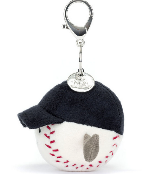 This Baseball Fan Gift features a plush baseball wearing a black cap. The keychain, styled as the Jellycat Amuseables Sports Baseball Bag Charm by Jellycat, has a metal clip and a round metal tag attached to it.