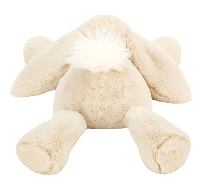The Jellycat Smudge Rabbit Medium is a plush beige bunny with floppy ears and a white fluffy tail, seen from the back. Soft and cuddly, it's the perfect baby gift.