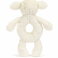 A back view of a Jellycat Bashful Lamb Ring Rattle with a round open space in the middle and four limbs, all covered in white fur made from recycled fibers.