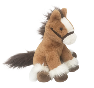 Truffles The Horse by Mon Ami is a brown and white plush with a fluffy mane, tail, and hooves, sitting upright against a white background—an adorable addition to any horse lover’s collection.
