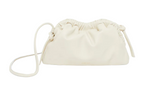 The Mansur Gavriel Mini Cloud Clutch by Mansur Gavriel is a cream-colored, ruched leather handbag crafted from exquisite Italian lamb leather, featuring a drawstring closure and a thin, multi-function removable shoulder strap. Handcrafted in Italy for unparalleled quality and style.