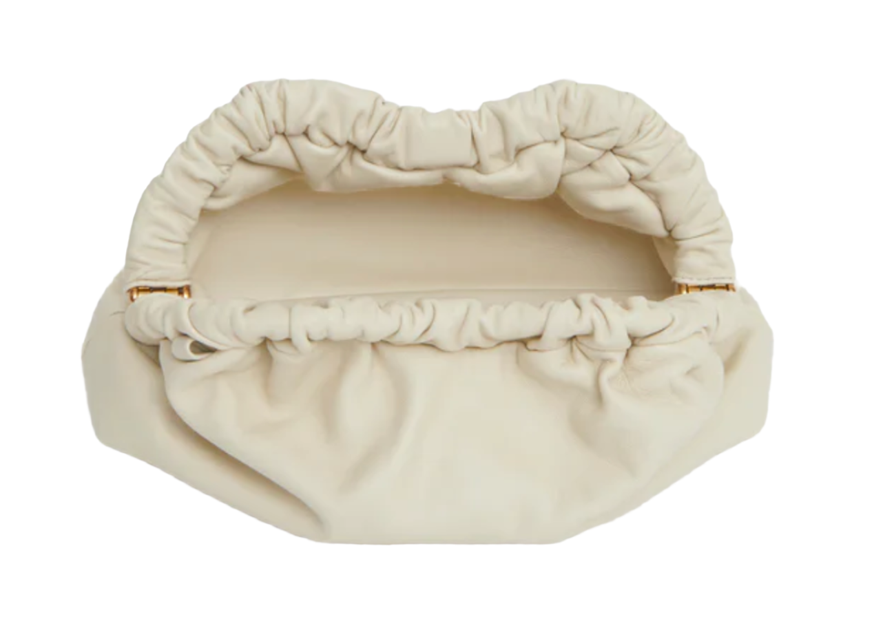 A cream-colored soft pouch, handcrafted from Italian lamb leather, featuring a gathered, ruched opening and gold-tone hardware on both sides. The multi-function strap adds versatility to this exquisite Mansur Gavriel Mini Cloud Clutch by Mansur Gavriel while the interior appears empty.