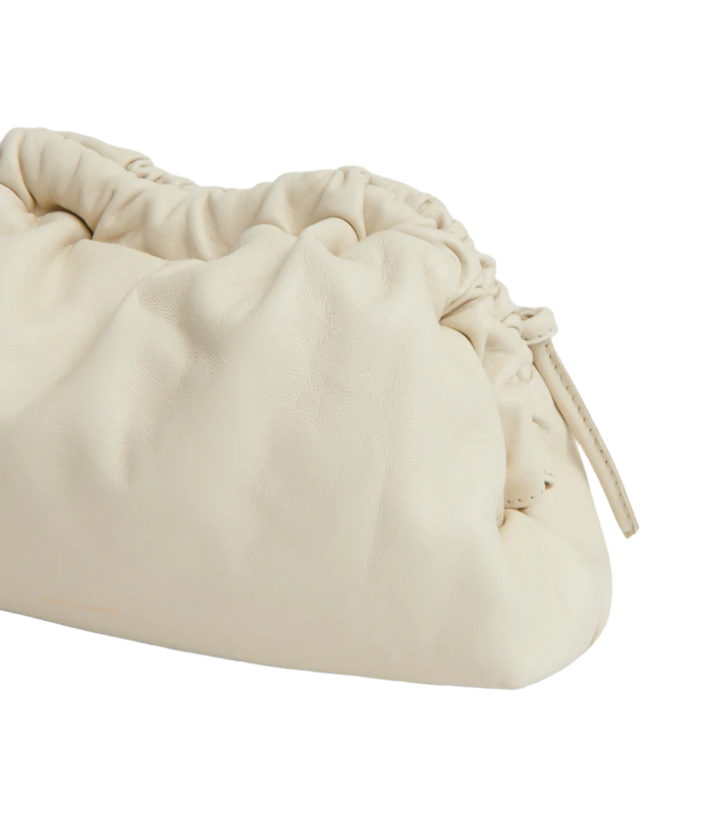 A cream-colored, scrunched Italian lamb leather Mansur Gavriel Mini Cloud Clutch with a drawstring closure, handcrafted in Italy, sits against a plain white background.