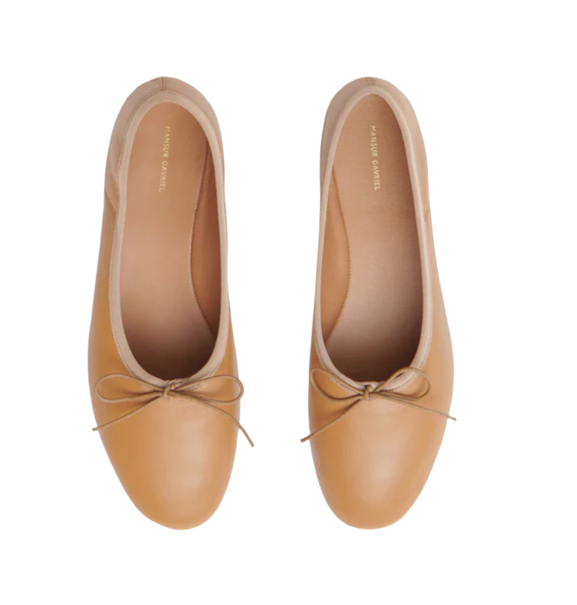 A pair of beige Mansur Gavriel Dream Ballerina crafted from Italian lambskin leather, featuring bows on the toes and an adjustable fit for the perfect Mansur Gavriel experience, viewed from above.