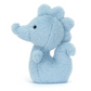 A small, light blue Jellycat Fluffy Seahorse soft toy with a curved tail and a smiling face, by Jellycat.