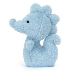 A small, light blue Jellycat Fluffy Seahorse soft toy with a curved tail and a smiling face, by Jellycat.