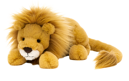 A Jellycat Louie Lion, Little with soft honey fur and a majestic mane lies on a white background.