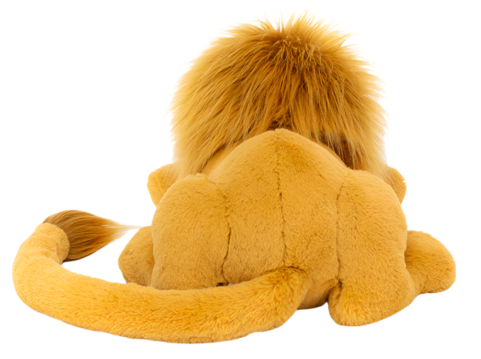 A Jellycat Louie Lion, Little seen from the back, showcasing its honey fur and silky mane, complete with a long tail.