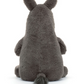 A sturdy plush toy, this fluffy, grey stuffed animal with soft fur features two ears and a short tail. Shown from the back, the Jellycat Roderick Rhinoceros remains seated and appears incredibly plush.