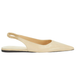 A pair of beige, point toe flats with a sleek slingback elastic strap and a sturdy black sole, embodying the elegance of Proenza Schouler Spike Flat Slingbacks.