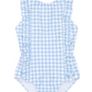 Minnow Ruffle Sleeve Rashguard One Piece by Minnow with a blue and white gingham pattern, UPF 50+ protection, ruffled detailing on the sides, and a high neckline.