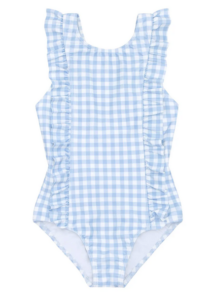 Minnow Ruffle Sleeve Rashguard One Piece by Minnow with a blue and white gingham pattern, UPF 50+ protection, ruffled detailing on the sides, and a high neckline.