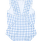 A Minnow Ruffle Sleeve Rashguard One Piece from Minnow in a blue and white gingham pattern with frilled details on the shoulder straps, a V-shaped neckline, and UPF 50+ protection.