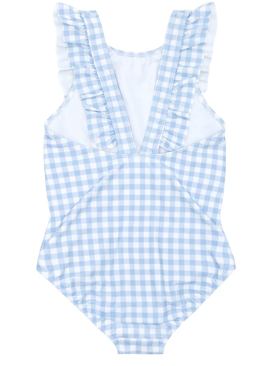 A Minnow Ruffle Sleeve Rashguard One Piece from Minnow in a blue and white gingham pattern with frilled details on the shoulder straps, a V-shaped neckline, and UPF 50+ protection.