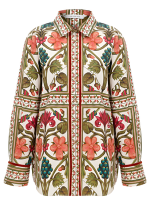 A Lug Von Siga Franzie Top from Lug Von Siga featuring a bold floral design and grapevine pattern in red, green, and cream tones on a white background, complete with a button-up front closure.