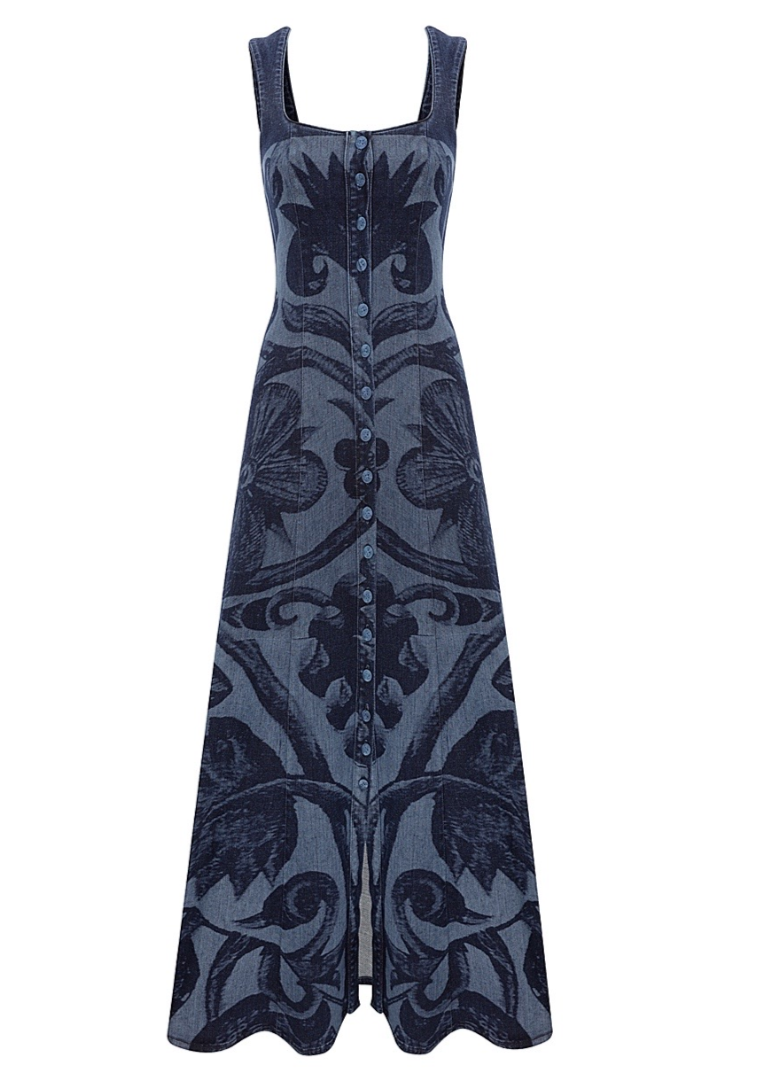 Lug Von Siga Mila Dress by Lug Von Siga: Long, sleeveless denim midi dress with a square neckline, featuring dark blue floral details and a button-down front.