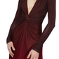 A person wearing a Prabal Gurung Twist Front Long Sleeve Dress, featuring a plunging V-neck and a twisted knot detail at the waist, adorned with an ombre design from dark red to burgundy.