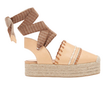 Ulla Johnson Concha Platform Espadrille with a jute platform sole, leather upper, decorative stitching, and brown ribbon ankle tie.