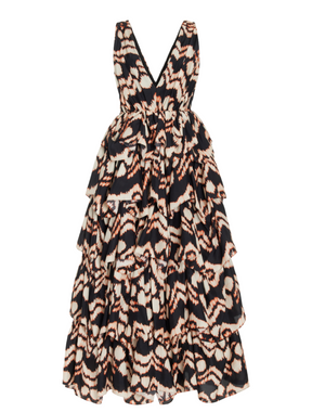 The Ulla Johnson Dephne Dress by Ulla Johnson is a sleeveless, multi-layered dress with a deep V-neckline, showcasing a bold abstract pattern in black, brown, and white, and featuring a midi-length ruffle skirt.