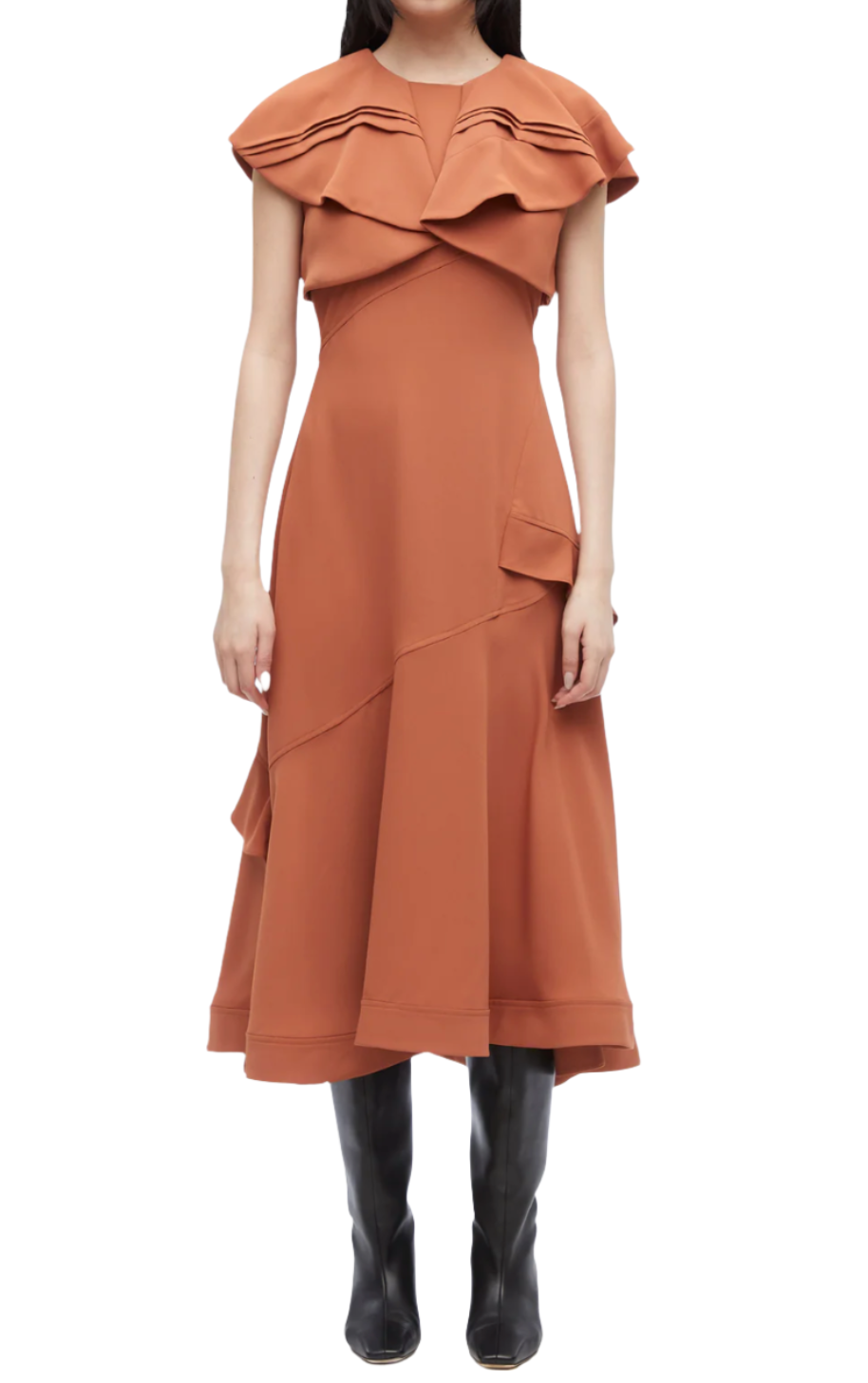 A woman is wearing a 3.1 Phillip Lim Ruffle Overlay Midi Dress, featuring short sleeves, ruffle trims, and layered detailing. She is also wearing black knee-high boots. The image is cropped from the neck down.