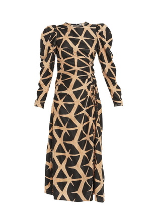 The Ulla Johnson Amalie Dress by Ulla Johnson is a long-sleeve, knee-length dress with a geometric pattern in beige and black. It features fitted shoulders, asymmetrical gathers, and a ruched waist design with an adjustable drawstring.