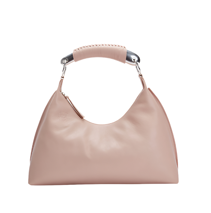 Presenting the Altuzarra Athena Bag, a soft, curved pink handbag with a handle wrapped in Spanish calf leather and featuring elegant metal ring attachments.