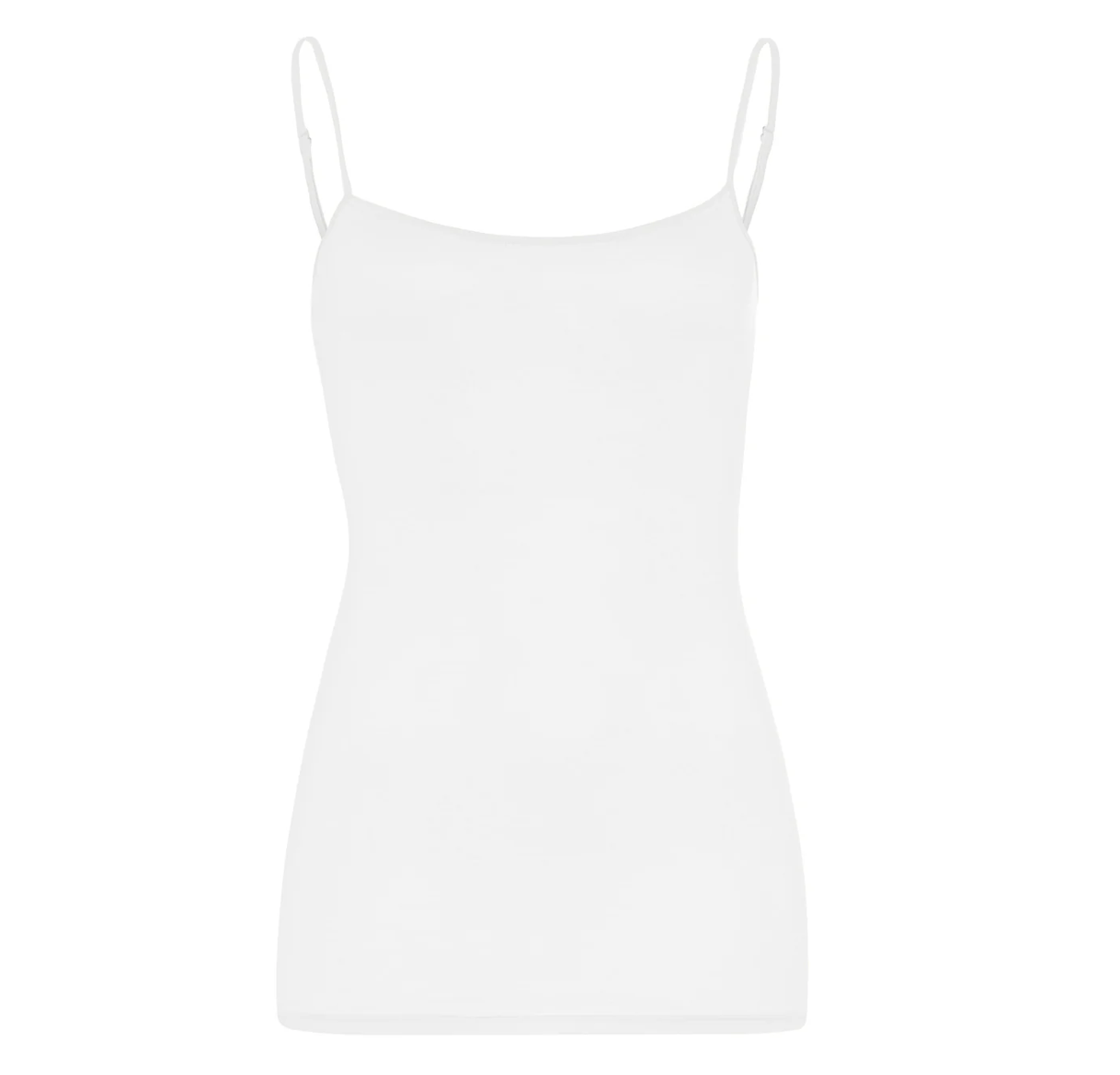 A plain white Hanro Ultralight Spaghetti Camisole by Hanro USA with thin, adjustable straps.