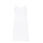 Introducing the Hanro Ultralight Bodydress from Hanro USA—a simple, ultralight daywear slip dress in white, crafted from quick-drying, mercerized cotton and featuring thin spaghetti straps with a V-neckline.