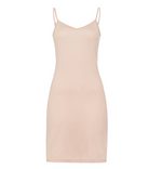 The Hanro Ultralight Bodydress by Hanro USA is a sleeveless slip dress in blush pink, featuring thin spaghetti straps and a v-neckline, made from quick-drying fabric for ultralight daywear.