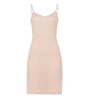 The Hanro Ultralight Bodydress by Hanro USA is a sleeveless slip dress in blush pink, featuring thin spaghetti straps and a v-neckline, made from quick-drying fabric for ultralight daywear.