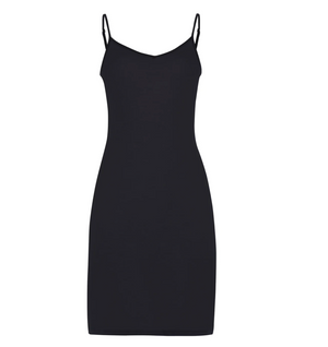 The Hanro Ultralight Bodydress from Hanro USA is a black, sleeveless, knee-length slip dress made of mercerized cotton with thin shoulder straps on a plain background.