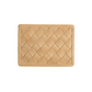 The Bembien Nico Card Case, a woven tan leather minimalist piece, rests elegantly on a white background.