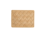 The Bembien Nico Card Case, a woven tan leather minimalist piece, rests elegantly on a white background.