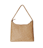 The Bembien Marni Bag Large, a tan, woven leather handbag with a single shoulder strap and zip closure, embodies quiet luxury and minimalist elegance.