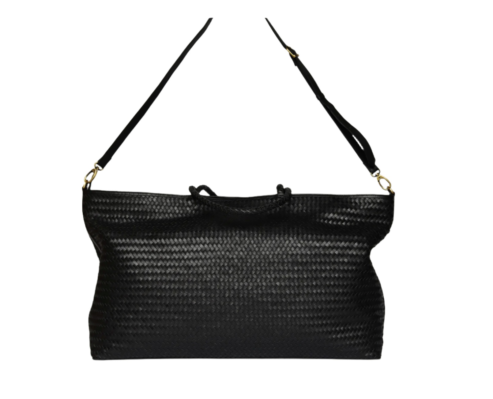 The Bembien Le Traveler by Bembien is a black tote bag crafted from woven cow leather, featuring an adjustable shoulder strap and carry handles, making it the perfect stylish carry-on.