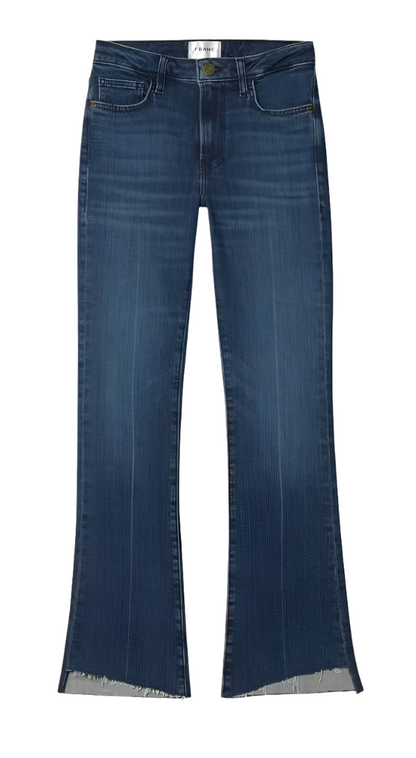 Introducing the Frame Le Crop Mini Boot Cascade by Frame, a pair of dark blue flared jeans made from super stretch denim. These jeans feature a frayed hem, front and back pockets, and a flattering high-rise waist.