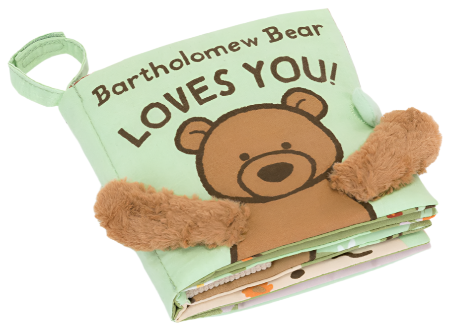 The **Jellycat Bartholomew Bear Loves You Book** by Jellycat features a charming bear illustration and two fuzzy brown bear paws, offering tactile fabrics for little hands to explore.