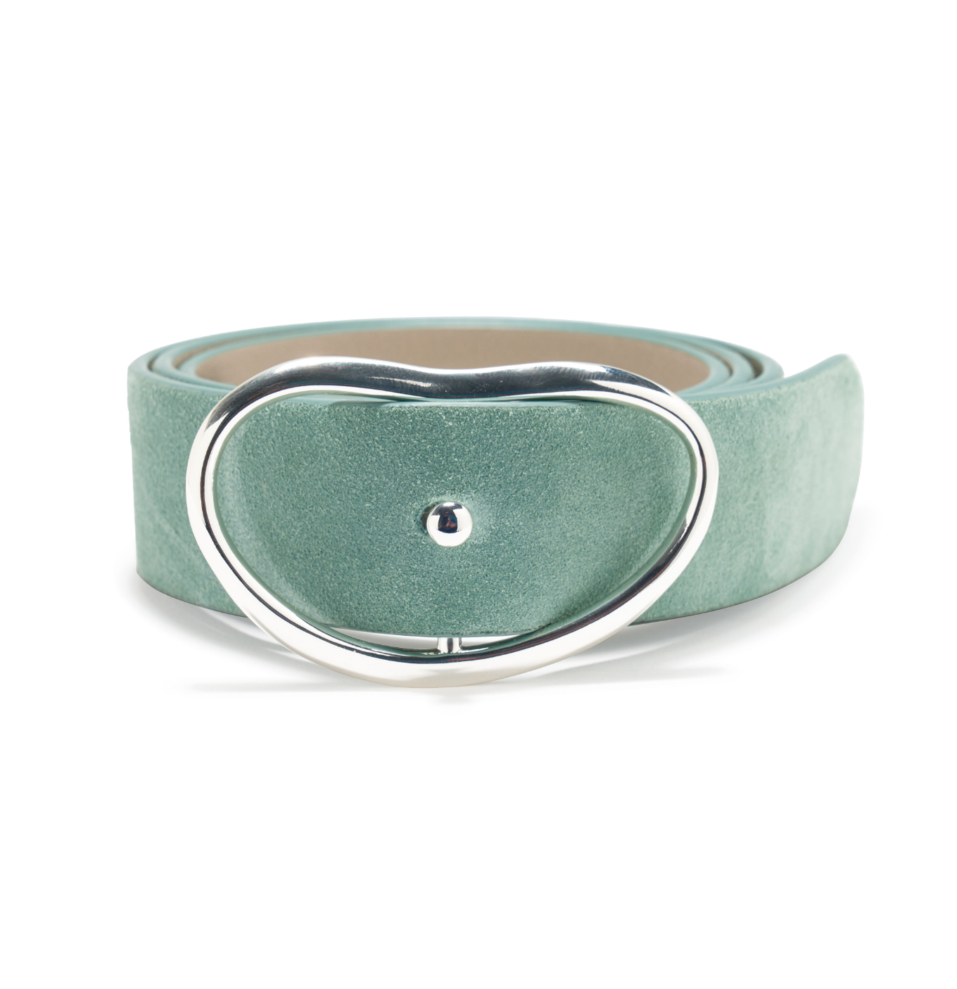 A wide Georgia suede belt in mint green, highlighted by a striking silver oval buckle from Lizzie Fortunato.