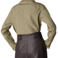 A person is seen from the back wearing the CO Fencer's Fluid Blouse in khaki, which features a subtle flyaway hem, paired with brown high-waisted pants.