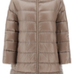 The Herno Matilde Coat is a beige, shiny quilted puffer jacket made with ultra-fine goose down. It features a high collar and three-quarter sleeves and is elegantly showcased on a plain white background.