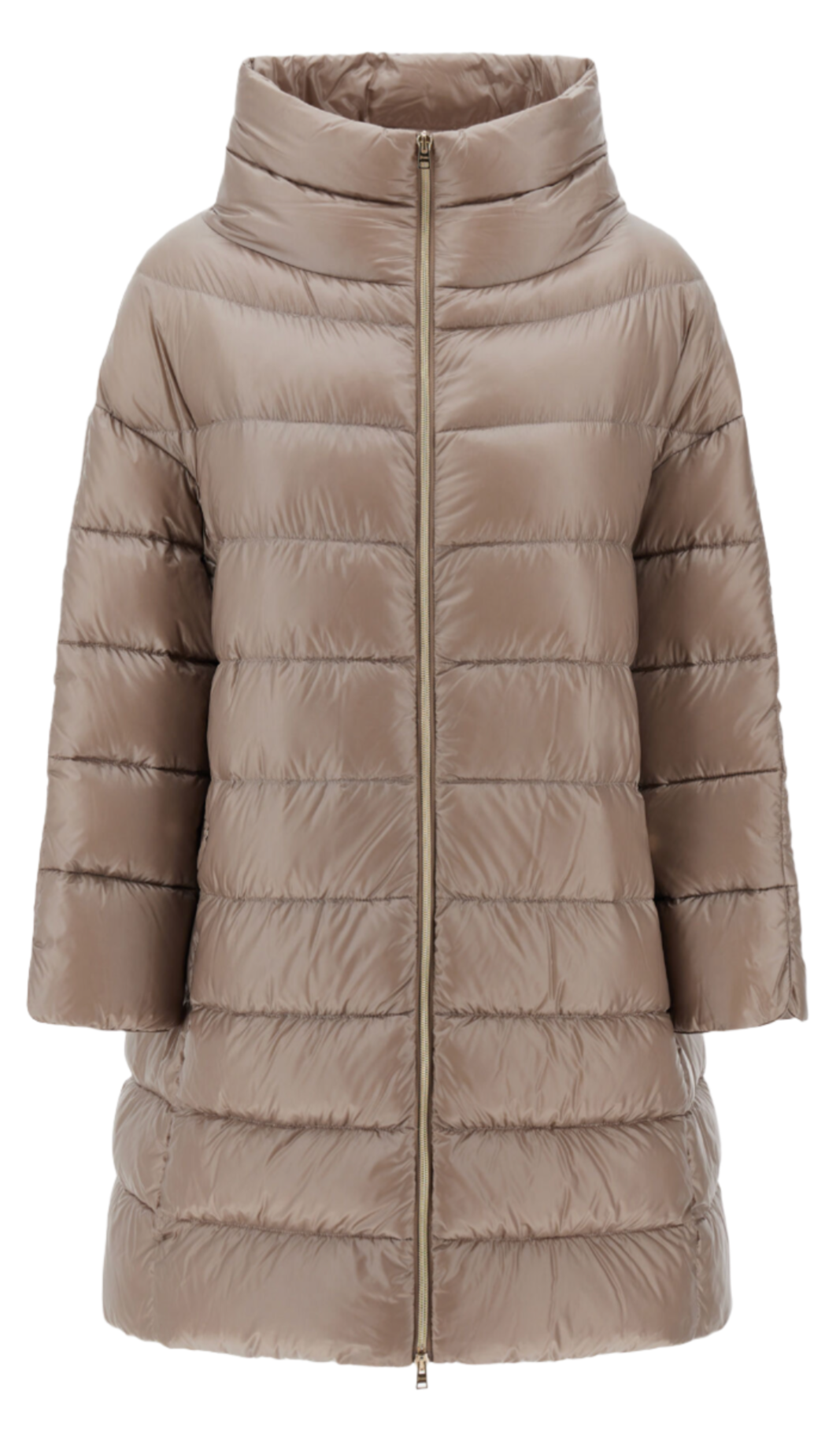 Introducing the Herno Matilde Coat by Herno, a tan, quilted puffer jacket designed from ultralight nylon. It features a high collar, three-quarter sleeves, and a front zipper closure.